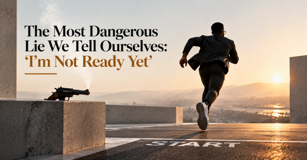 Runner sprinting from a start line at sunrise with the headline text of the article
